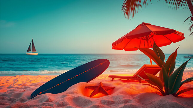 Start of Summer, June 21, Summer Begins, summer arrives Friday, summer solstice, World Tour Day, Beach Landscape, Beach Elements on Sand of Beach, Generative Ai