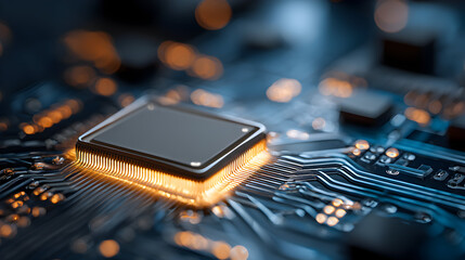 Poster - Close-up View of a Computer Microprocessor with Circuit Board and Electric Glow, Symbolizing Technology, Innovation, and Modern Computing Systems