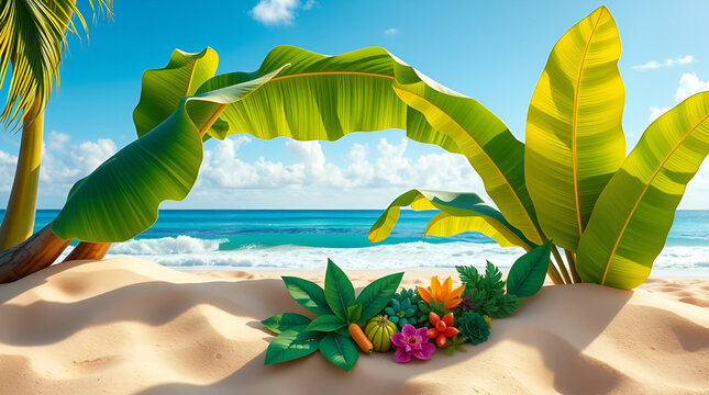Start of Summer, June 21, Summer Begins, summer arrives Friday, summer solstice, World Tour Day, Leaves on Beach Landscape, Generative Ai