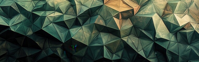 Aufkleber - Abstract low-poly pattern in forest green and earthy gold tones, creating a polygonal mosaic design with sharp edges and geometric