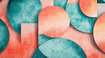 Fototapete - Abstract Pencil Strokes Design with Coral and Teal Shapes on Textured Background