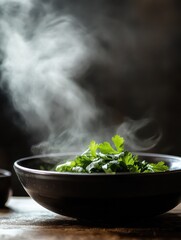 Poster - Steaming Bowl of Fresh Parsley: Aromatic Herbs in Dark Setting with Rising Steam