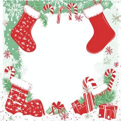 Poster - Festive Christmas Frame with Stockings, Candy Canes, Gifts and Snowflakes for Holiday Greetings