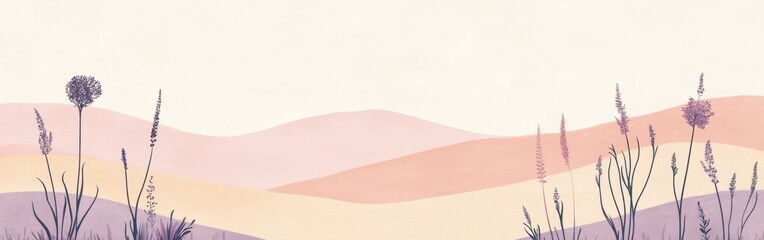 Aufkleber - Minimalist pastel peach and lavender field abstract landscape with desert dunes and flowering herbs