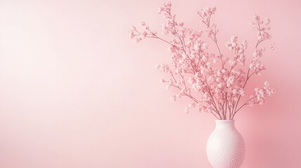 Poster - Minimalist aesthetic featuring pink gypsophila flowers in a textured vase against a pastel background