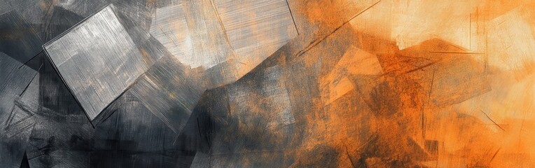 Leinwandbilder - Minimalist pencil strokes background with fragmented geometric shapes in grayscale and orange hues, abstract textured design for m