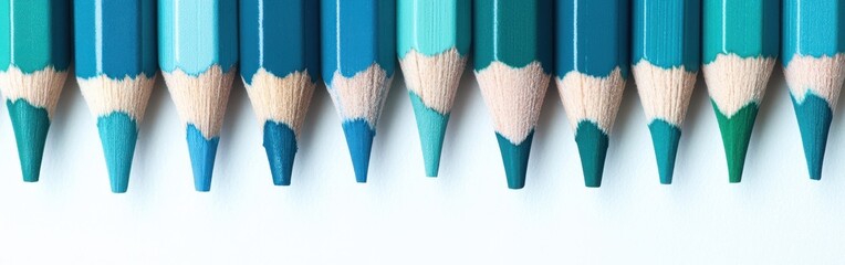 Poster - Gradient of Blue-Green Color Pencils on White Paper - Sharp Tips and Natural Wood Texture for Art Projects