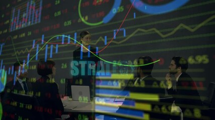 Poster - In office, business team discussing strategy with animation of financial data charts