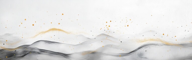 Poster - Abstract landscape with fluid gray washes and golden details on white background.