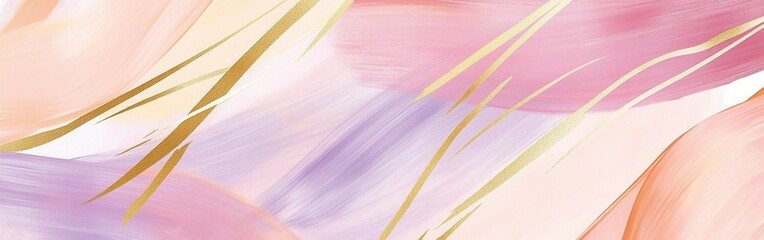 Fototapete - Pastel painted backdrop featuring light lavender and peach brushstrokes with gold textured thin lines for artistic projects