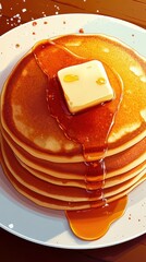 Poster - Golden Pancakes Stacked High with Melting Butter and Drizzling Maple Syrup on a White Plate