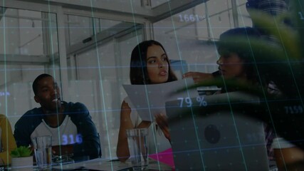 Aufkleber - Discussing documents, business team with data processing animation overlay in office