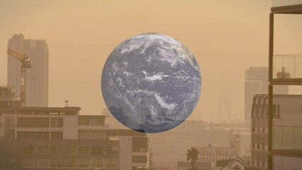 Poster - Animating Earth over cityscape with buildings under hazy sky atmosphere