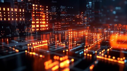 Fototapete - Abstract cityscape with glowing digital elements, futuristic background, data processing and network technology concept