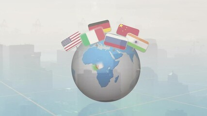 Poster - Rotating flags of countries in animation over cityscape background with globe