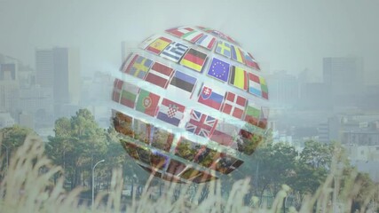 Poster - Flags forming globe animation over cityscape with trees in foreground