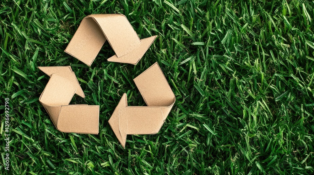 Cut-out of recycling symbol made from kraft paper on green grass ...