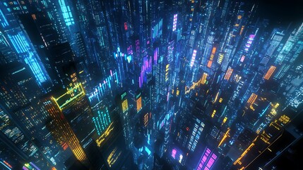 Poster - A vibrant futuristic cityscape illuminated by neon lights, showcasing tall skyscrapers and digital billboards at night