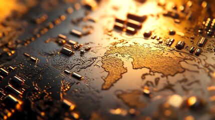 Aufkleber - Close-up view of a metallic world map with intricate circuitry, illuminated by warm light, suggesting technology and connectivity