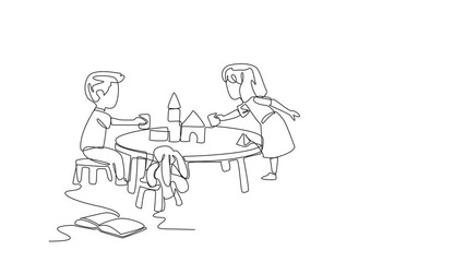 Poster - Animation of single line drawing the boys and girls sitting in kindergarten room. Exploring interests and talents. National Kindergarten Day. Continuous line self drawing animated. Full length motion