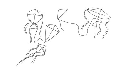 Poster - Animation of single one line drawing kites of various shapes and sizes flying in the sky. Kite festival. Fun holiday. Go Fly a Kite Day. Continuous line self drawing animated. Full length motion