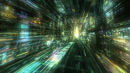 Poster - Futuristic digital tunnel with vibrant light trails, showcasing abstract technology and depth