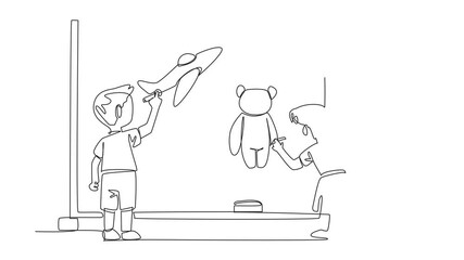 Poster - animated self drawing of continuous line drawing a boy and a girl draw objects on a small blackboard