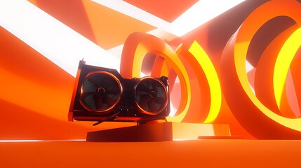 Poster - A futuristic computer graphics card displayed in an abstract orange environment with dynamic lighting