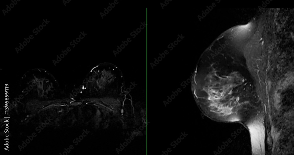 MRI scan of the breasts in an axial and sagittal view with contrast ...