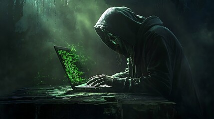 Poster - Mysterious figure in a hooded cloak typing on a laptop surrounded by a dark, eerie atmosphere