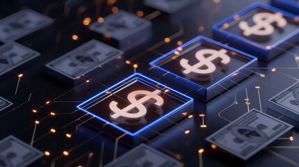Poster - Digital business financial transaction concept with glowing dollar signs and encrypted data streams between devices, showcasing secure online payments and cash flow.