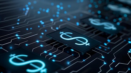 Poster - Digital business financial transaction concept with glowing dollar signs and encrypted data streams between devices, showcasing secure online payments and cash flow.