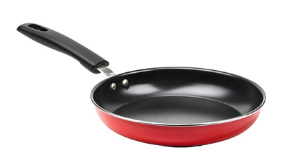 Red frying pan with non stick surface and black handle for cooking culinary