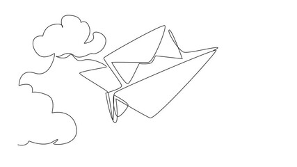 Aufkleber - Animation of single one line drawing paper airplane flying while carrying envelope. Visualization of sending an email. National Email Day. Continuous line self drawing animated. Full length motion