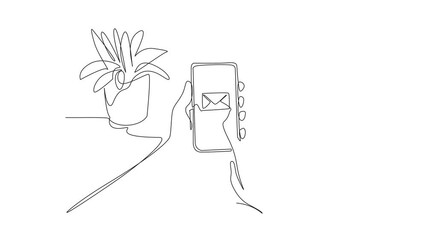 Poster - Self drawing animation of continuous line drawing hand looking at email logo from smartphone. Technological advancement. Replying emails from mobile phones. National Email Day. Full length animated
