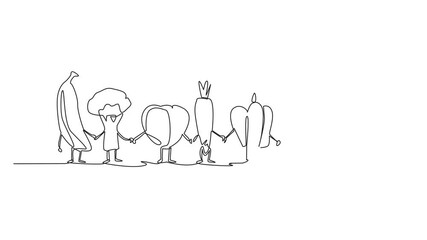 Poster - Animated self drawing of single one line drawing various foods become characters and while holding hands. Spend or do not buy too much. Behavior. Stop Food Waste Day. Full length single line animation