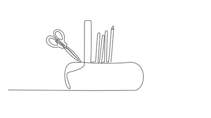 Poster - Animation of continuous line drawing pencil pouch case. Orderliness in arranging stationery. Makes it easier to find and use. World Stationery Day. One line self drawing animated. Full length motion