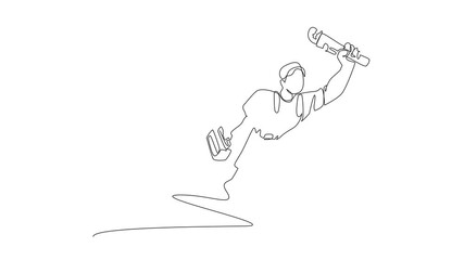 Poster - animation of single one line drawing male plumber flying with equipment in hand. super hero who is a