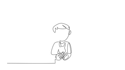 Poster - Self drawing animation of single one line drawing the boy carrying a rabbit and his head wearing a rabbit ear headband. School drama. Resembling a pet. National Kids and Pets Day. Full length animated