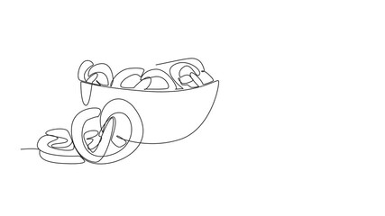 Poster - Animated self drawing of single one line drawing pile of pretzels are in a bowl and some are scattered. Enjoying a variety of cakes. Delicious. National Pretzel Day. Full length single line animation