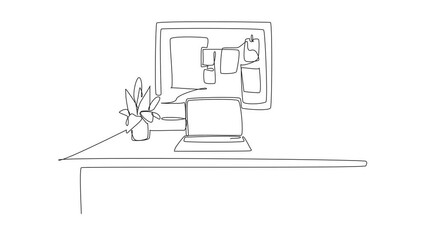 Poster - Animation of single continuous line drawing work desk equipped with laptop for work. Small note for urgent reminders. Warm coffee. Get Organized Day. One line self drawing animated. Full length motion