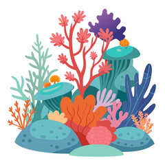 Poster - Coral reefs showcase a variety of aquatic plants and vibrant corals in a flat design. This illustration highlights marine diversity and the beauty of underwater ecosystems