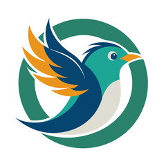 Poster - A bird logo features an abstract design with a blue-green body and yellow wings, set within a circular outline. It symbolizes creativity and a fresh approach, ideal for branding