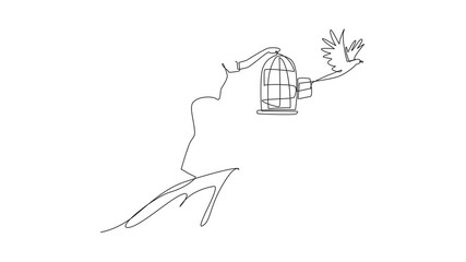Poster - Animated self drawing of single continuous line drawing a woman in casual clothes stood on a hill releasing birds. Giving freedom to animals. National Go Birding Day. Full length single line animation