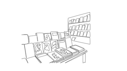 Poster - Animation of continuous one line drawing the inside of bookstore is full of shelves filled with books. Selling cheap. Independent Bookstore Day. Single line self drawing animated. Full length motion