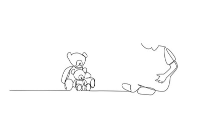 Poster - animation of continuous line drawing boy sitting crossed legs reading a story book to a teddy bear. 