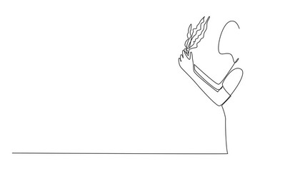 Poster - Self drawing animation of continuous one line drawing a woman smells the lavender flower she is holding. Scent is soft and very calming. Freshness. National Sense Of Smell Day. Full length animated