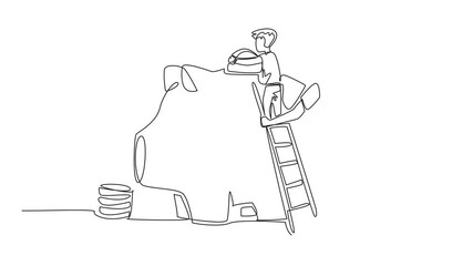 Poster - Animation of one line drawing boy climbs piggy bank using ladder and puts big coin into it. Save money. National Teach Children to Save Day. Continuous line self drawing animated. Full length motion