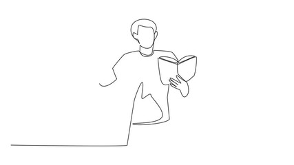 Poster - Animated self drawing of one line drawing a man standing reading a book or poem in an attractive pose. Practice before the performance. Great Poetry Reading Day. Full length single line animation