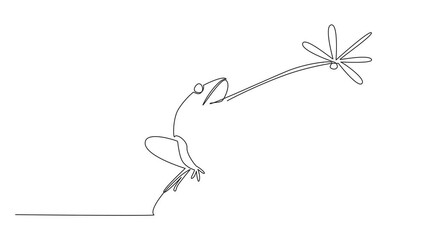 Poster - Animation of continuous line drawing frog sitting on a rock sticking out its tongue preying on a dragonfly. Minimal effort. Save The Frogs Day. Single line self drawing animated. Full length motion